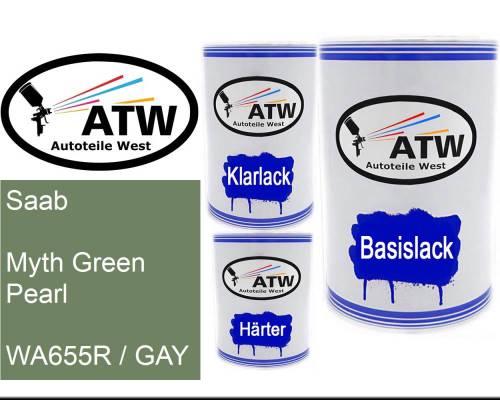 Saab, Myth Green Pearl, WA655R / GAY: 500ml Lackdose + 500ml Klarlack + 250ml Härter - Set, von ATW Autoteile West.